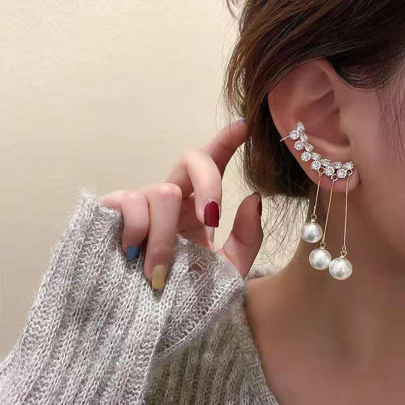 Vembley Korean Zircon Ear Cuff With Pearl Tassel Earrings 2Pcs/Set