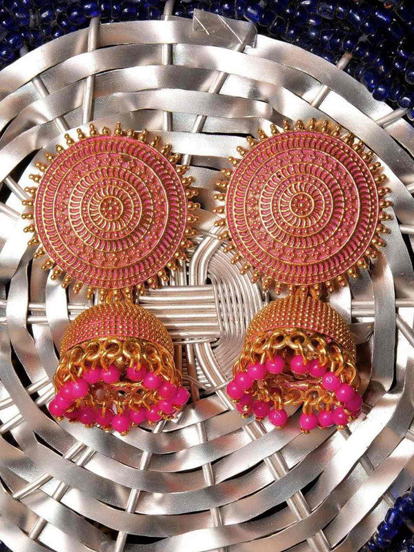 Vembley Enamelled Golden and Pink Pearls Drop Dome Shape Jhumka Earrings For Women and Girls