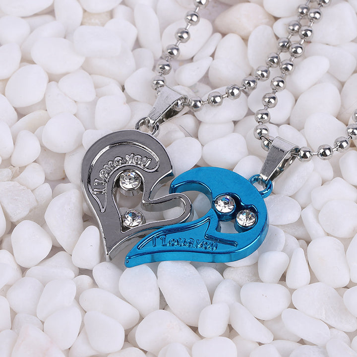 Loveable Blue Silver Stainless Steel I Love You Broken Heart Pendant Necklace