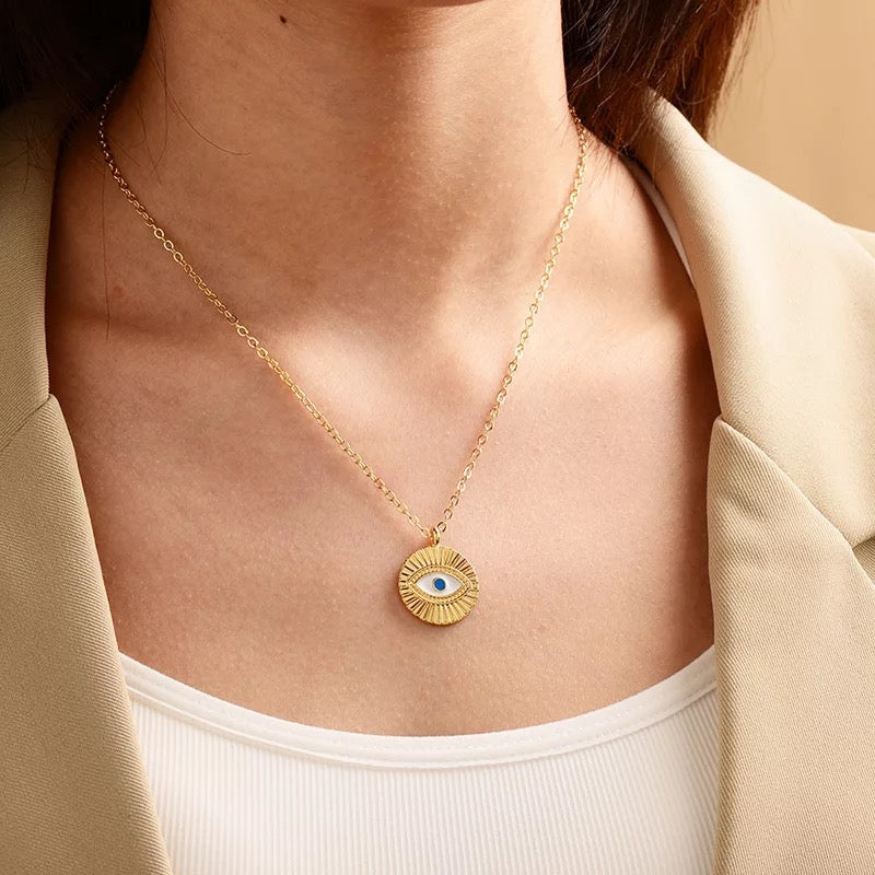 Stunning Gold Plated Circle Evil Blue Eye Pendant Necklace for Women and Girls