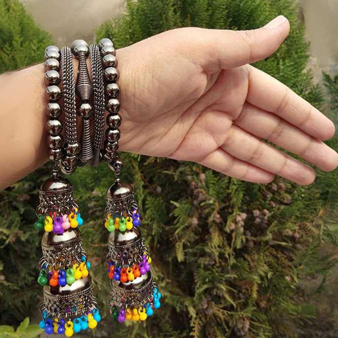 Silver Bangle Bracelet with Multicolor Beads Jhumki