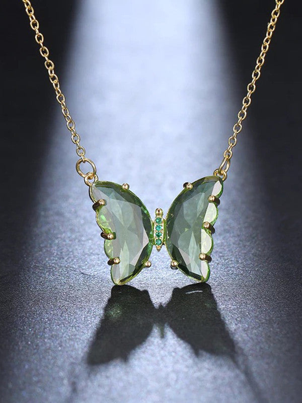 Combo of Stylish Gold Plated Green Crystal Butterfly Pendant Necklace With Ring