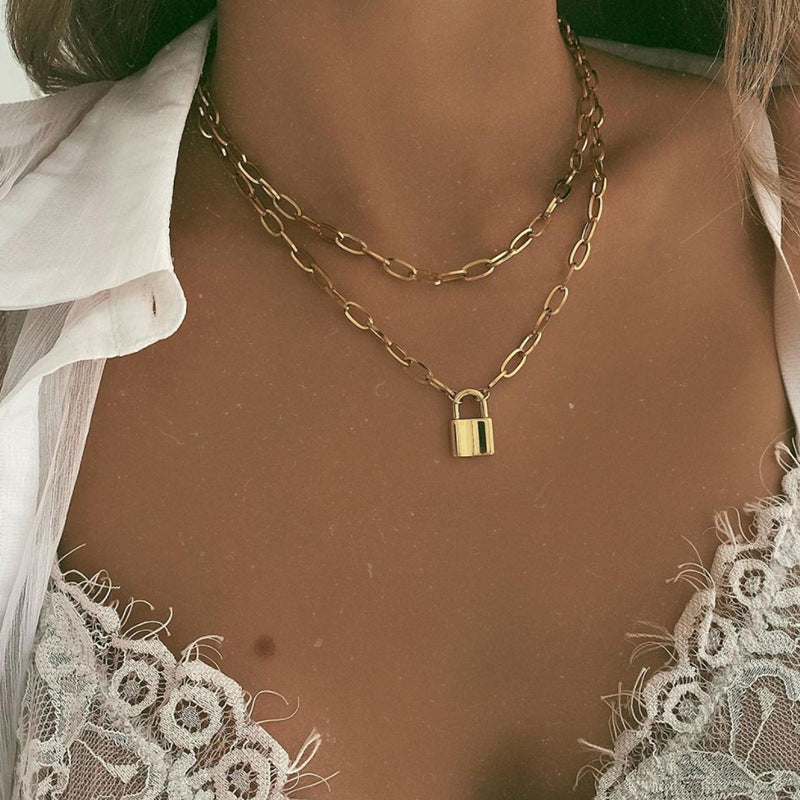  Gorgeous Gold Plated Double Layered Chunky Chain Link Lock Pendant Necklace for Women and Girls