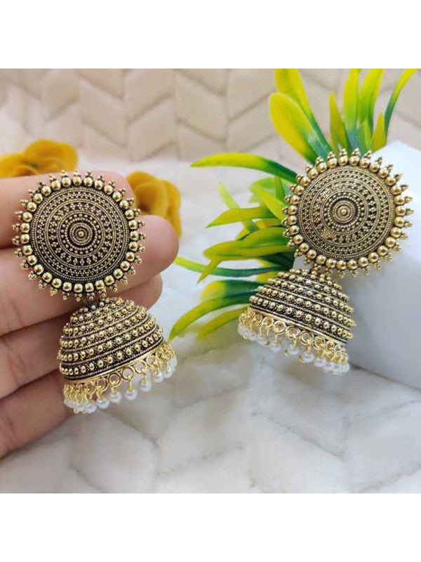 Vembley Enamelled Golden White Pearls Drop Dome Shape Jhumka Earrings For Women and Girls