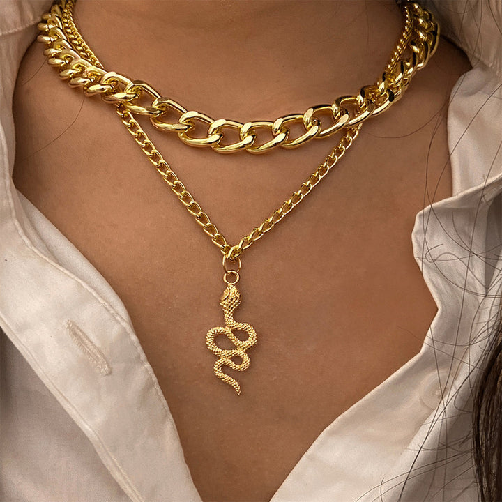  Stunning Gold Plated Double Layered Chunky Chain Link and Snake Pendant Necklace for Women and Girls