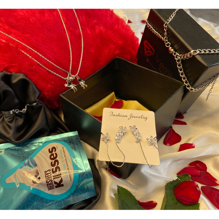 Gift Box of Couple Heart Bracelet, Astronaut Pendant, Ring and Earrings