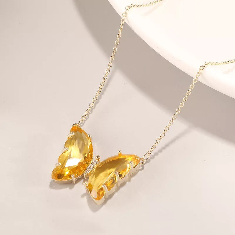  Gorgeous Gold Plated Yellow Crystal Butterfly Pendant Necklace for Women and Girls