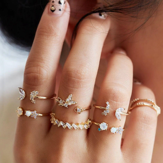  Gold Plated Seven Piece White Crystal butterfly Ring Set For women and Girls.