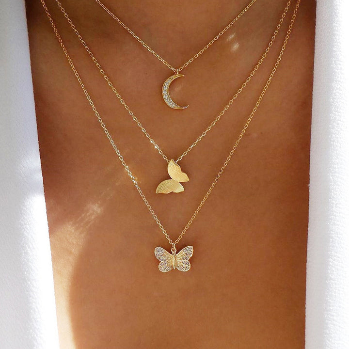  Pretty Gold Plated Triple Layered Moon and Double Butterfly Pendant Necklace for Women and Girls
