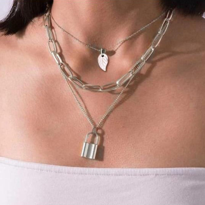Triple Layered Silver Lock and Leaf Pendant