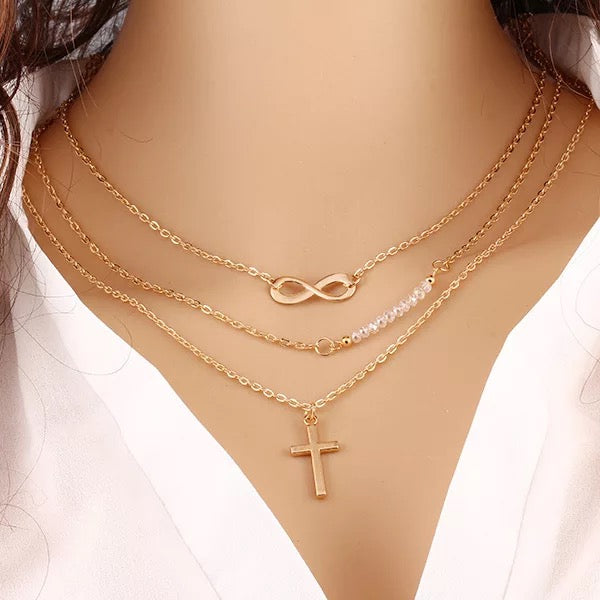  Charming Gold Plated Triple Layered Infinity Pendant Necklace for Women and Girls