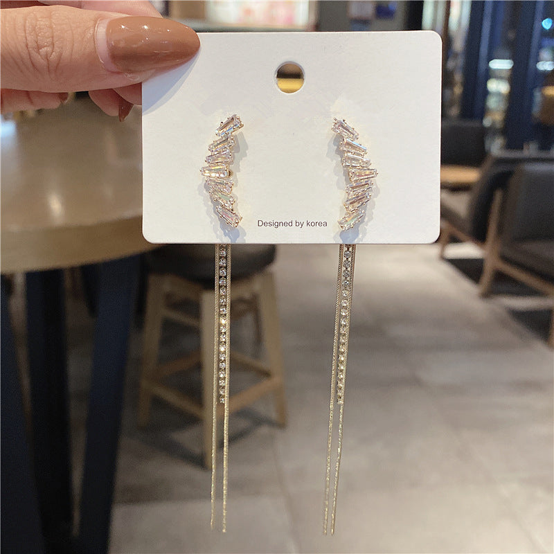 Vembley Korean Long Chain Crystal Zircon Tassel Earrings 2Pcs/Set