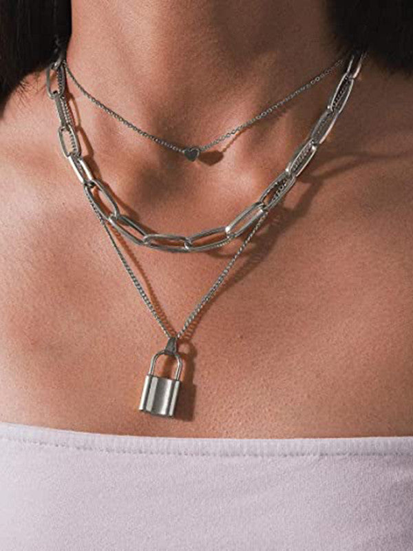 Vembley Combo Of Silver Heart Lock Pendant Necklace  With Earrings Set For Women and Girls