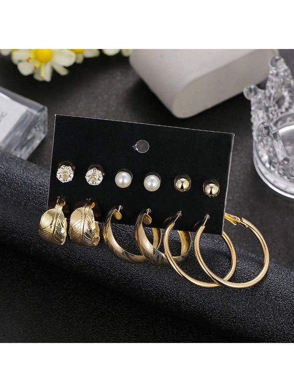 Combo of 12 Pair Gorgeous Gold Plated Pearl Studs and Leaf Hoop Earrings