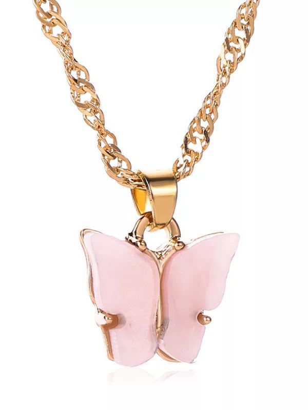 Vembley Combo Of Pink Butterfly Pendant Necklace With Earrings Set For Women and Girls