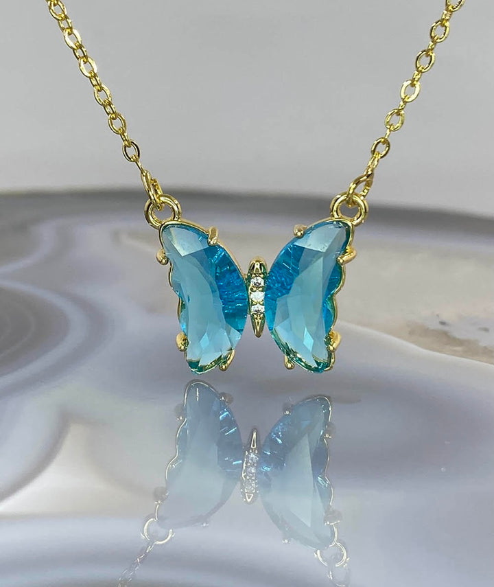 Gold Plated Turquoise Blue Crystal Butterfly Necklace