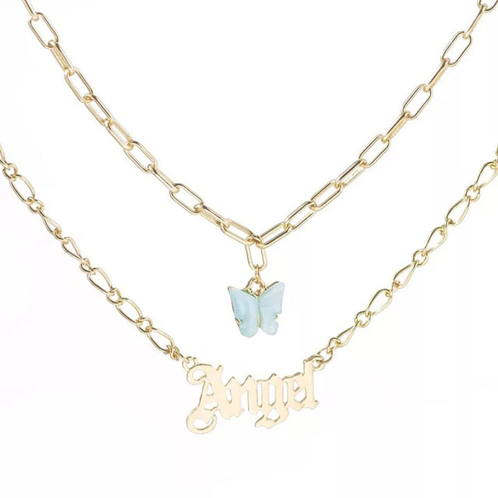 Double Layered Blue Butterfly Angel Word Necklace