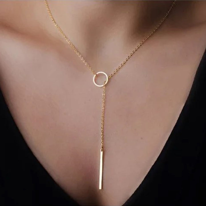 Gold Plated Line And Circle Y Shaped Necklace