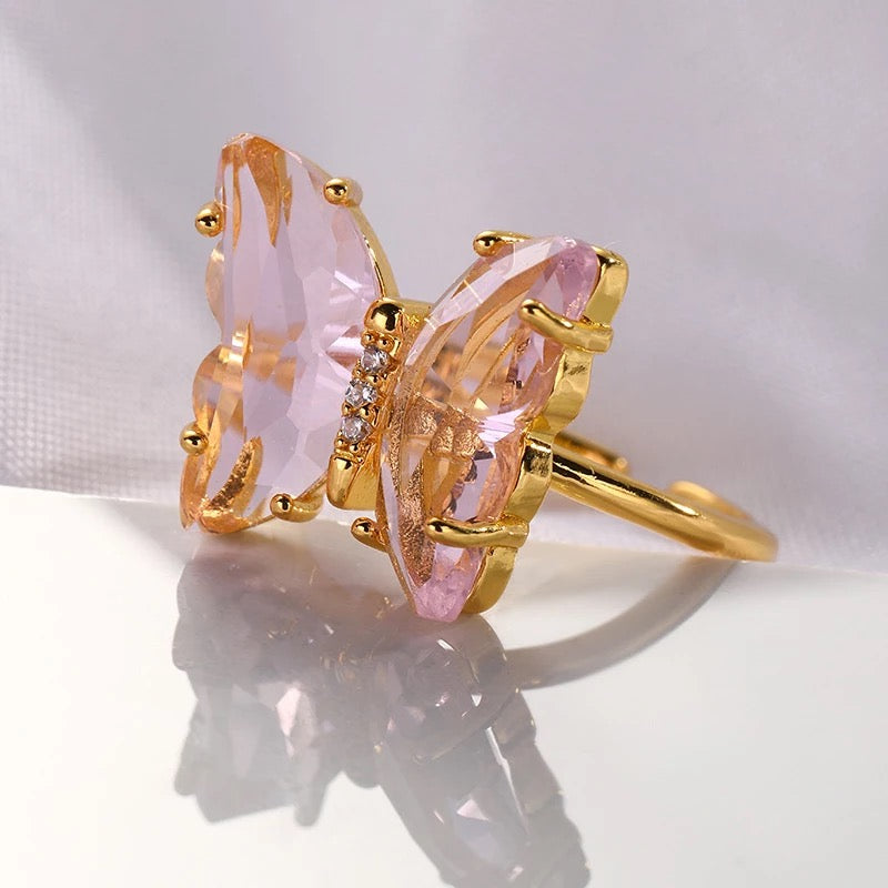 Vembley Stylish Gold Plated Pink Crystal Butterfly Ring for Women and Girls