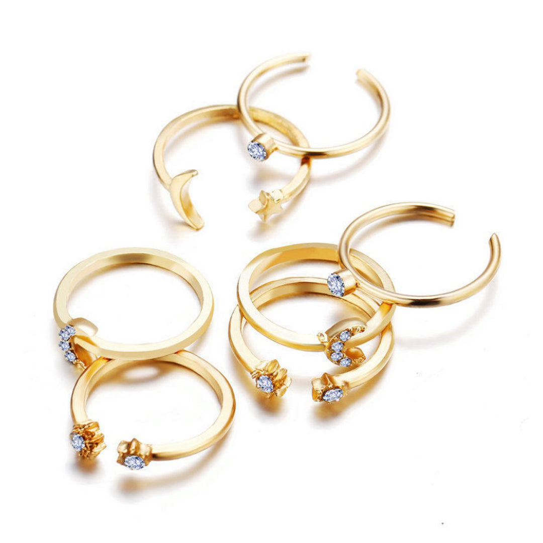 Gold Plated Seven Piece Moon Star Ring Set