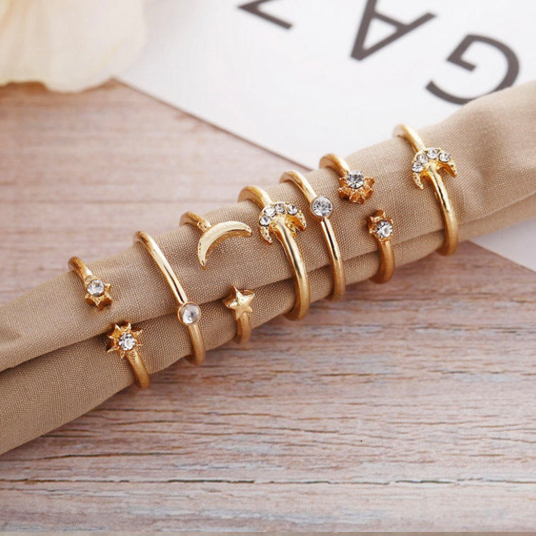 Gold Plated Seven Piece Moon Star Ring Set