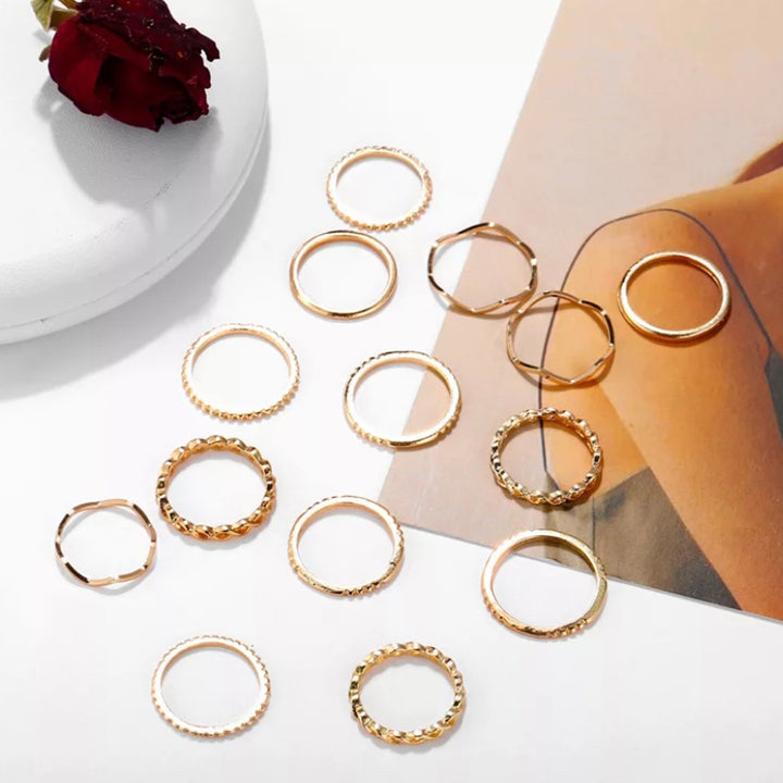 14 Piece Plain Chain Multi Designs Stacked Ring Set
