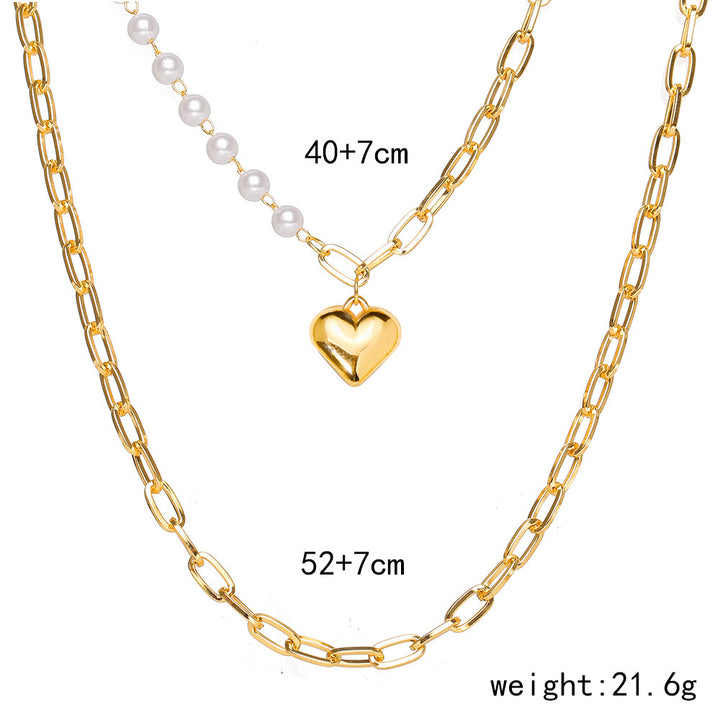 Layered Chunky Chain Pearl Heart Pendant