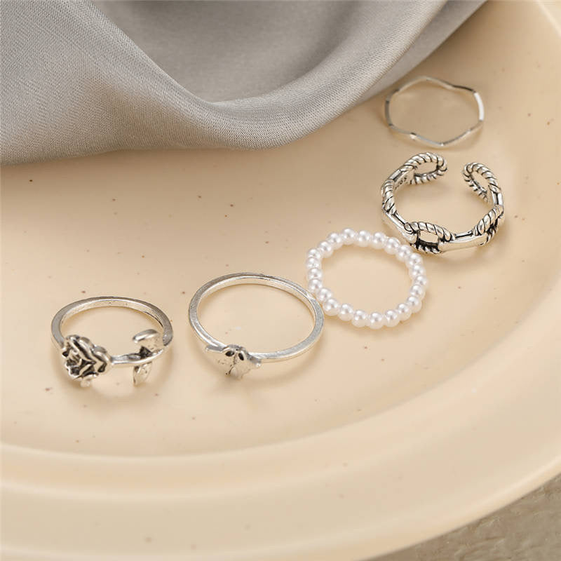 Vembley Silver Plated 5 Piece Butterfly Flower Pearl Chain Ring Set For Women and Girls