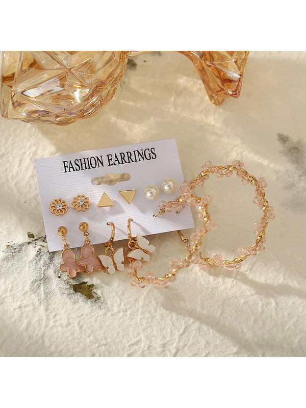 Combo of 12 Pair Enamelled Gold Plated Pearl Flower Studs and Hoop Earrings