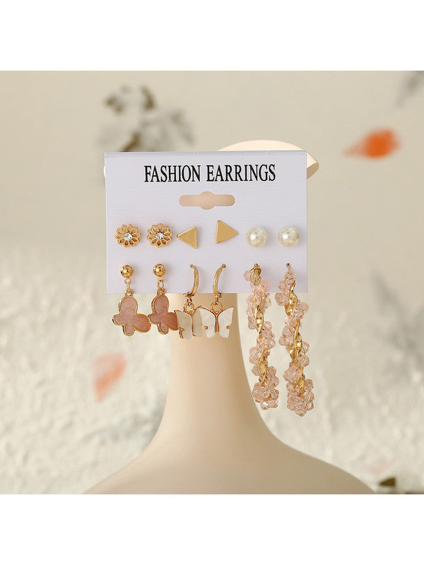 Combo of 12 Pair Elegant Gold Plated Pearl Flower Studs and Hoop Earrings