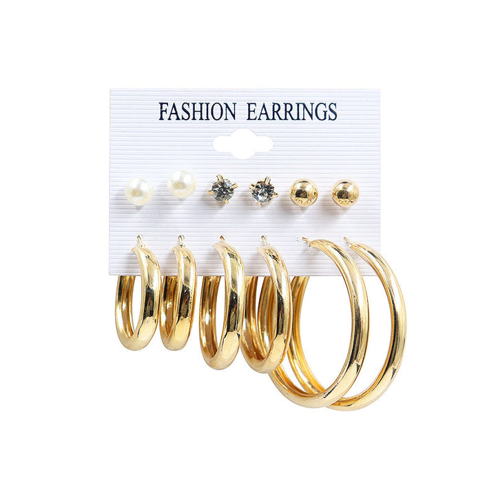 Vembley Combo 6 Pair Stunning Gold Plated Pearl Stone Studs and Plain Short Big Hoop Earrings for Women and Girls