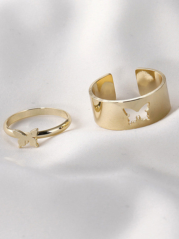 Combo of 2 Gold Plated Half Moon and Butterfly Couple Ring For Men and Women