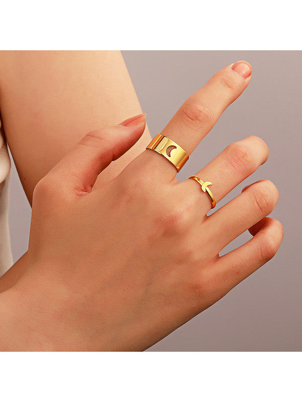 Combo of 2 Gold Plated Half Moon and Butterfly Couple Ring For Men and Women