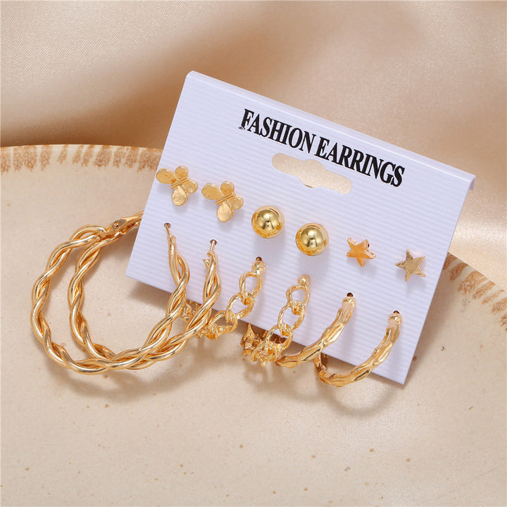 Vembley Combo Of 6 Golden Palin Star Butterfly and Big Hoop Earrings For Women and Girls