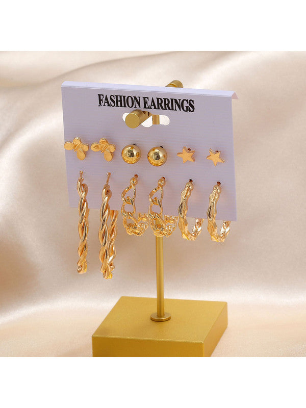 Combo of 12 Pair Attractive Gold Plated Cross hoop, Hoop and Studs Earrings