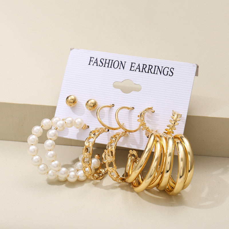 Vembley Combo Of 6 Golden Plain Chain and Pearl Big Hoop Earrings For Women and Girls