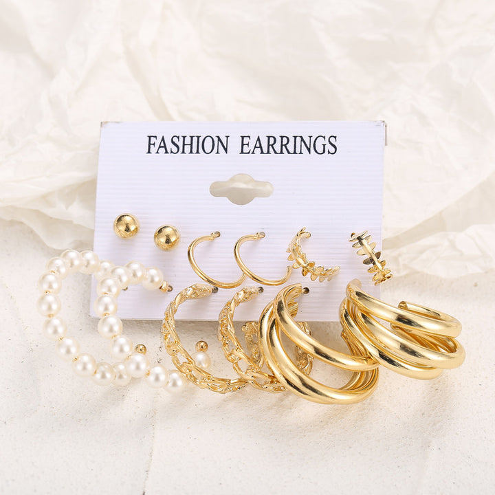 Vembley Combo Of 6 Golden Plain Chain and Pearl Big Hoop Earrings For Women and Girls
