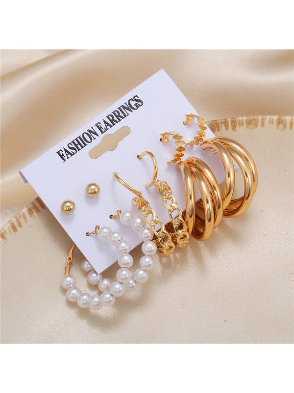 Combo of 12 Pair Lavish Gold Plated Pearl Heart Studs And Hoop Earrings