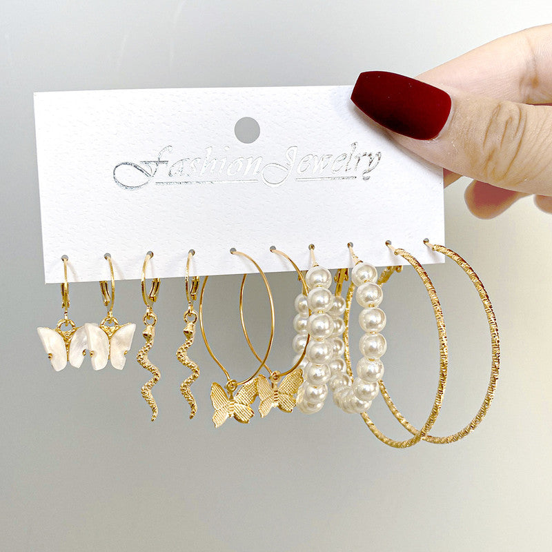 Vembley Combo Of 5 Golden Butterfly and Pearl Big Hoop Earrings For Women and Girls