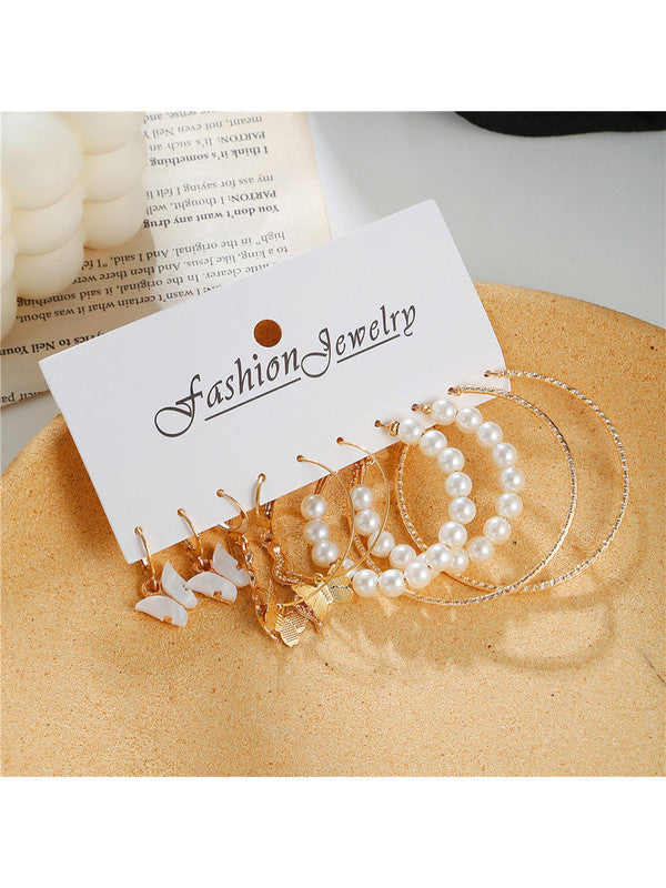 Combo of 11 Pair Stylish Gold Plated Pearl Studs and Leaf Hoop Earrings