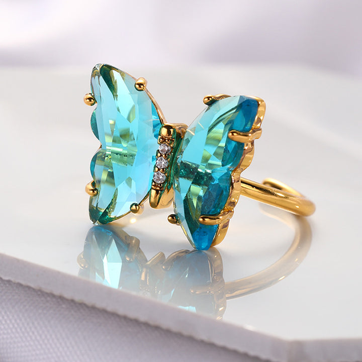 Vembley Gold Plated Blue Crystal Butterfly Ring for Women and Girls