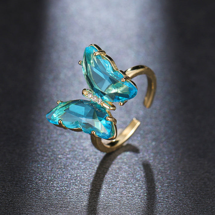 Vembley Elegant Gold Plated Blue Crystal Butterfly Ring for Women and Girls