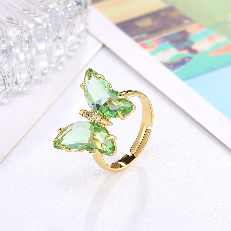 Vembley Beautiful Gold Plated Green Crystal Butterfly Ring for Women and Girls