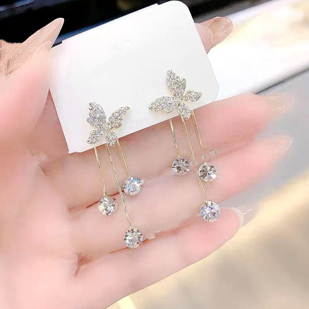 Korean Studded Butterfly Tassel Earrings 2 Pcs/Set