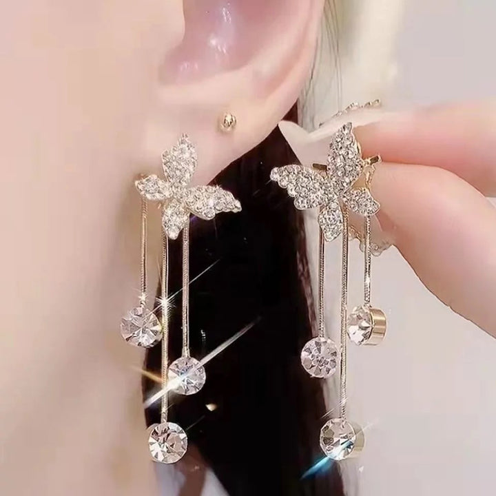 Korean Studded Butterfly Tassel Earrings 2 Pcs/Set