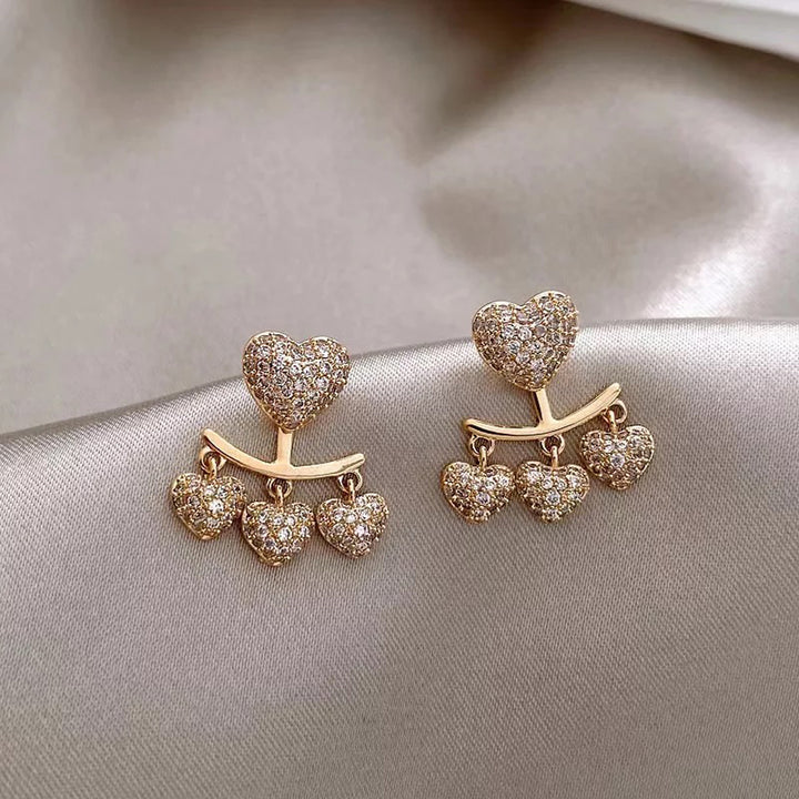 Front Back Diamond Heart Stud Korean Earrings 2 Pcs/Set