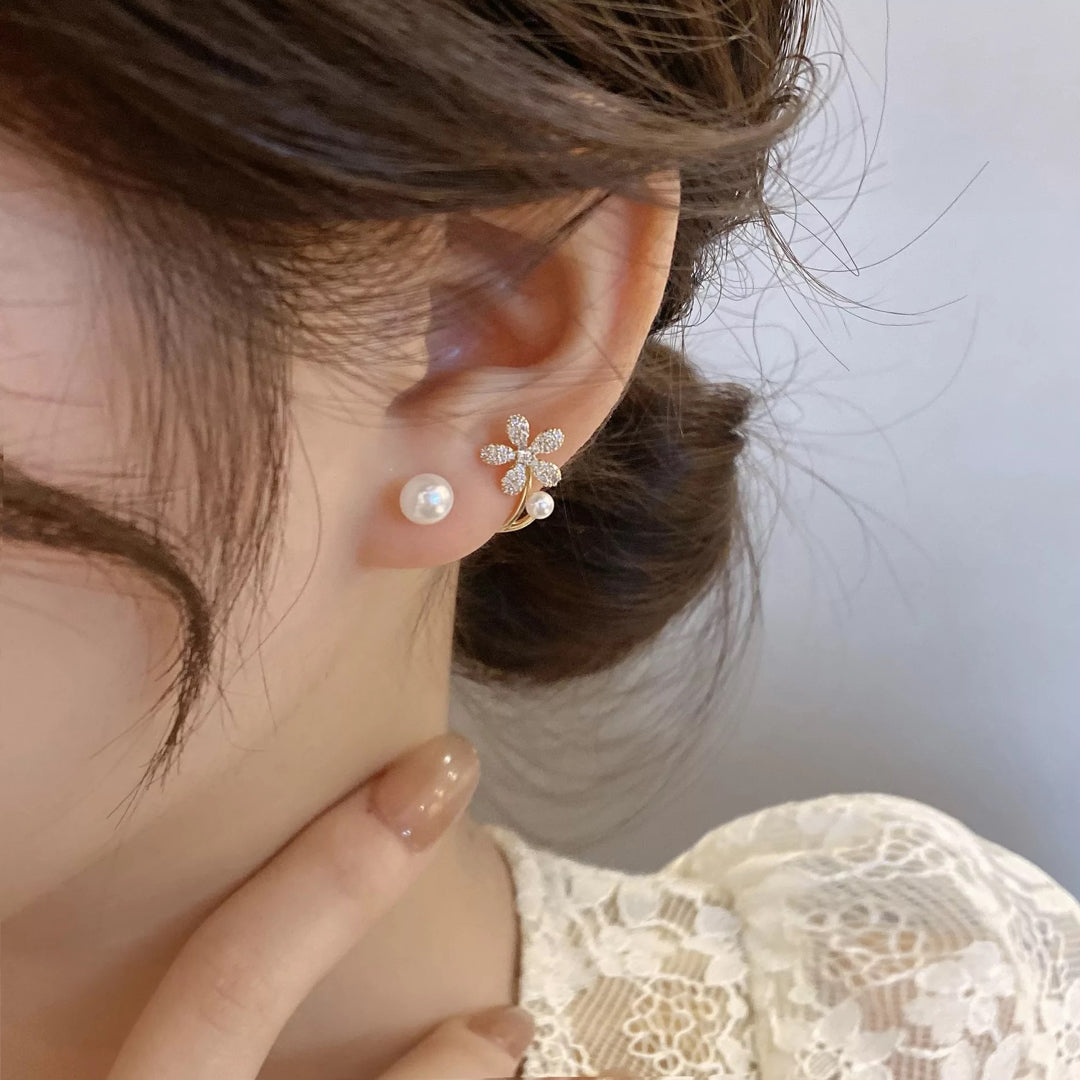 Diamond Flower and Pearl Stud Korean Earrings 2 Pcs/Set
