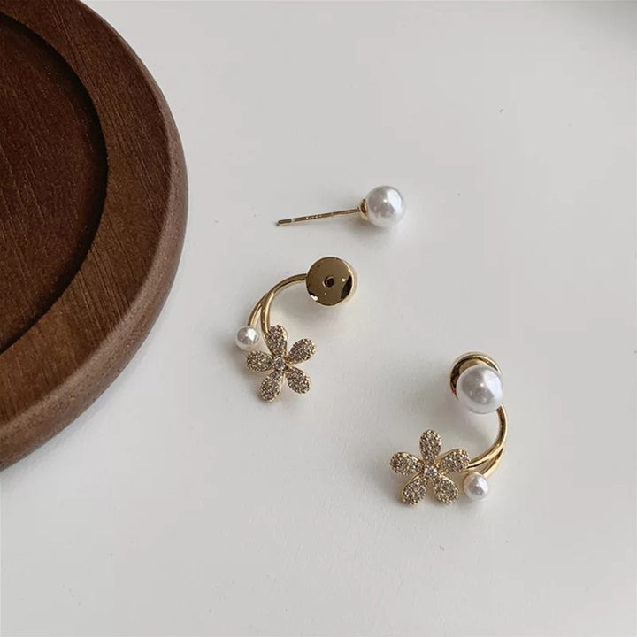 Diamond Flower and Pearl Stud Korean Earrings 2 Pcs/Set