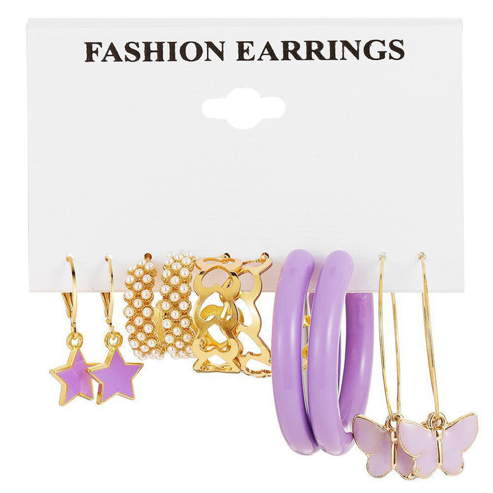 Combo of 5 Butterfly Star Heart Purple and Golden Hoop Earrings