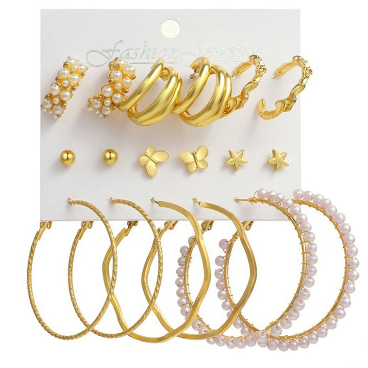 Combo Of 9 Pair Butterfly Star and Pearl Stud and Hoop Earrings